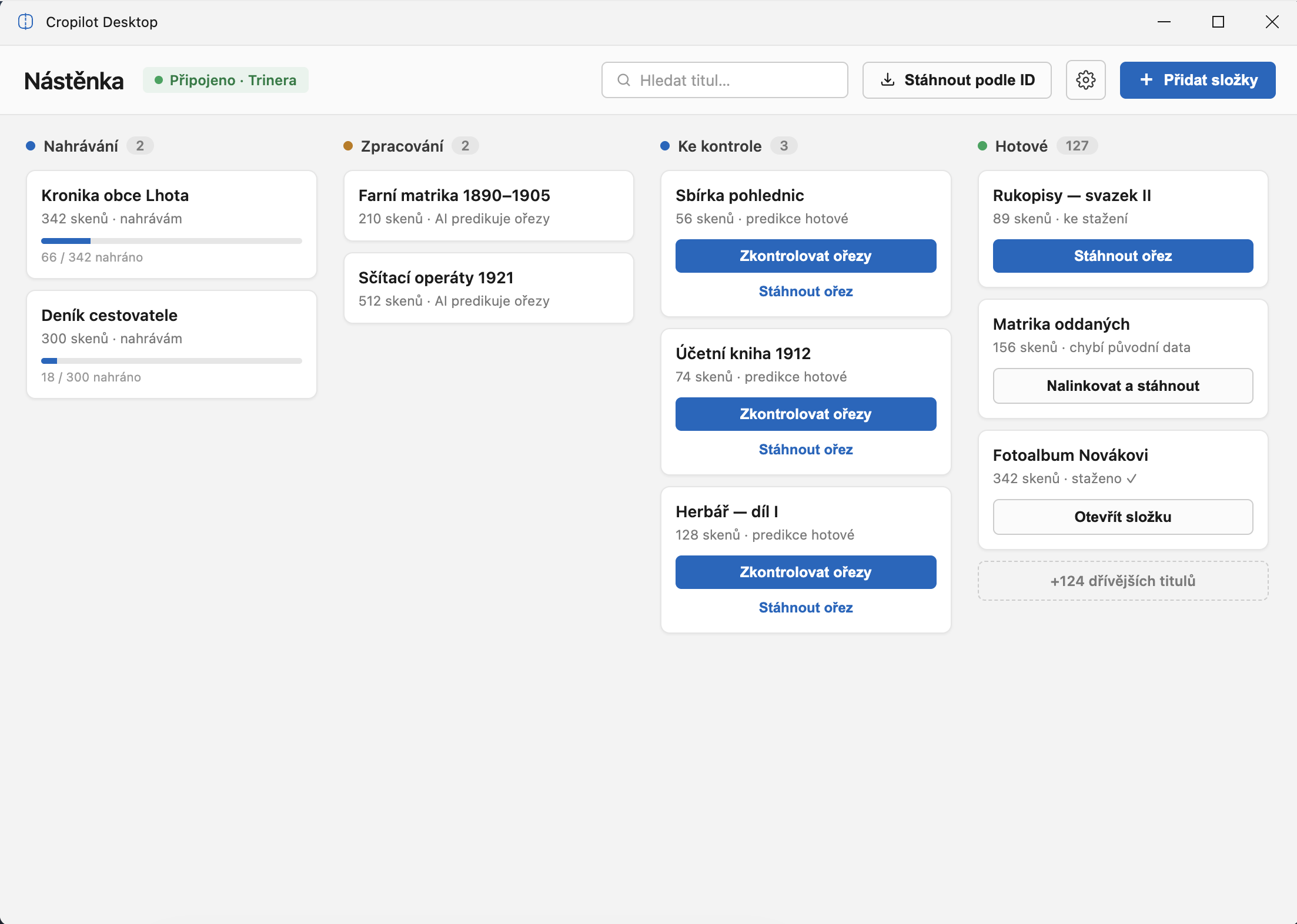 Aplikace Cropilot Desktop – nástěnka s nahráváním, zpracováním a ořezem skenů